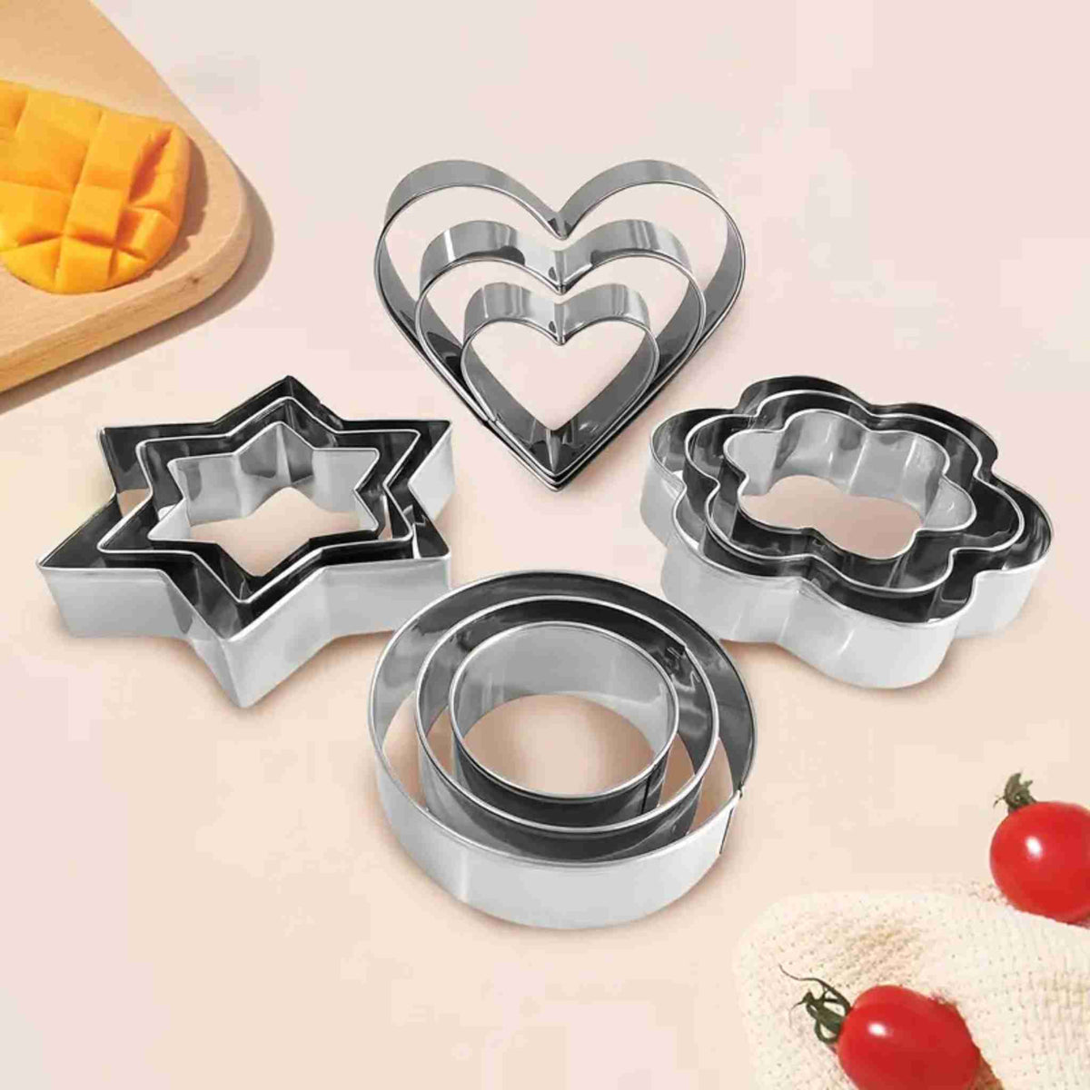 12pcs Stainless Steel Cookie Cutters Set. Heart/Star/Flower Shapes. Biscuit Pastry Molds For Baking, Food-Safe Metal Kitchen Tools For Holiday Treats & Lovely Vegetables, Baking Essentials